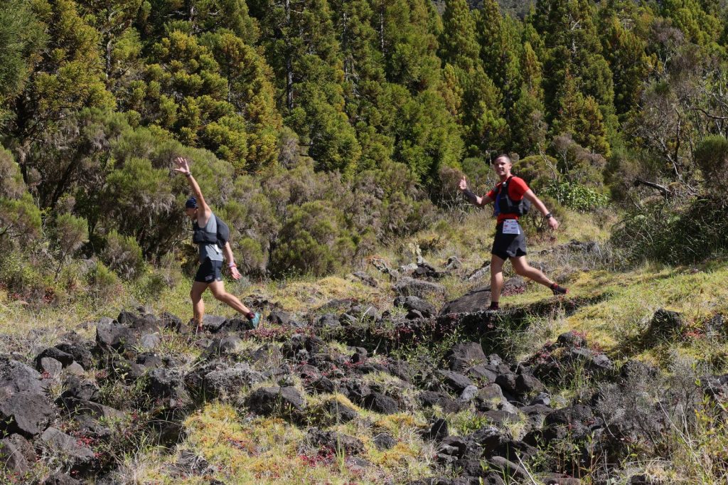 Coureurs sur un sentier de montagne bordé de végétation